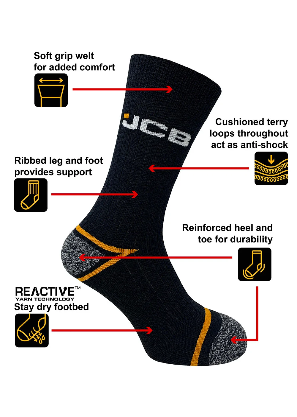 3 Pack JCB Black Work Socks - 6-11 Image 3
