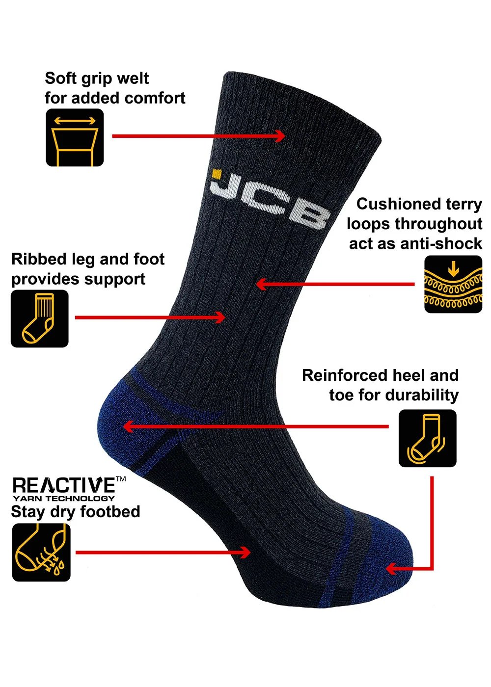 3 Pack JCB Work Socks - 6-11 Image 3