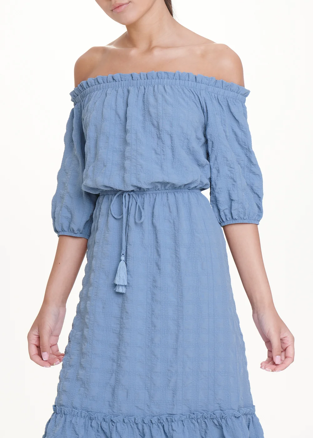 Blue Seersucker Bardot Midi Dress - 8 Image 4