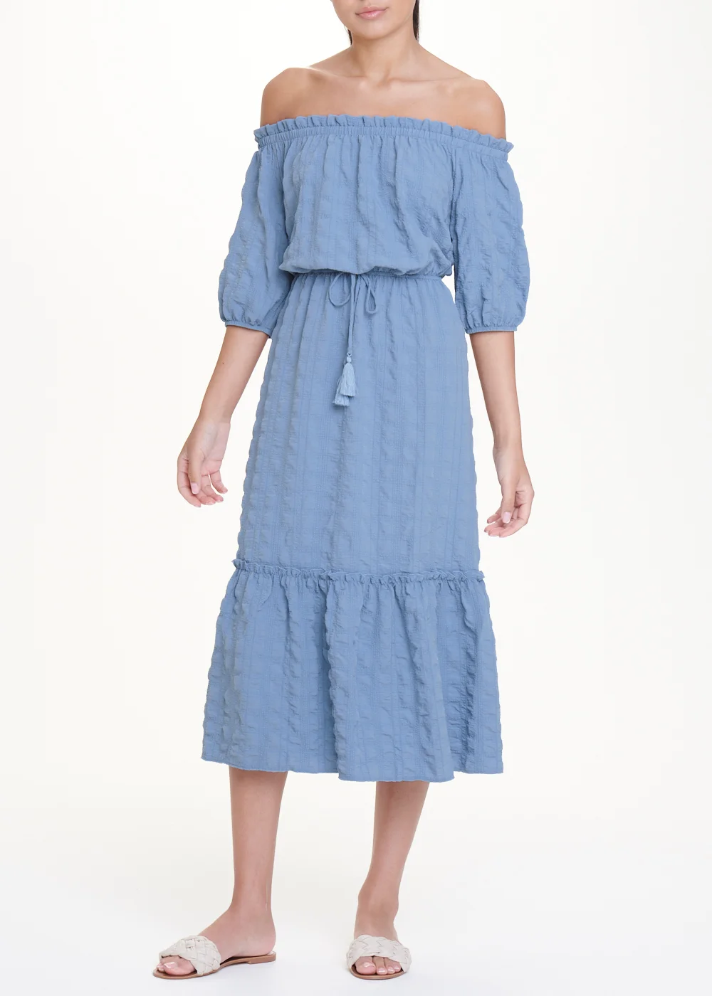 Blue Seersucker Bardot Midi Dress - 8 Image 1