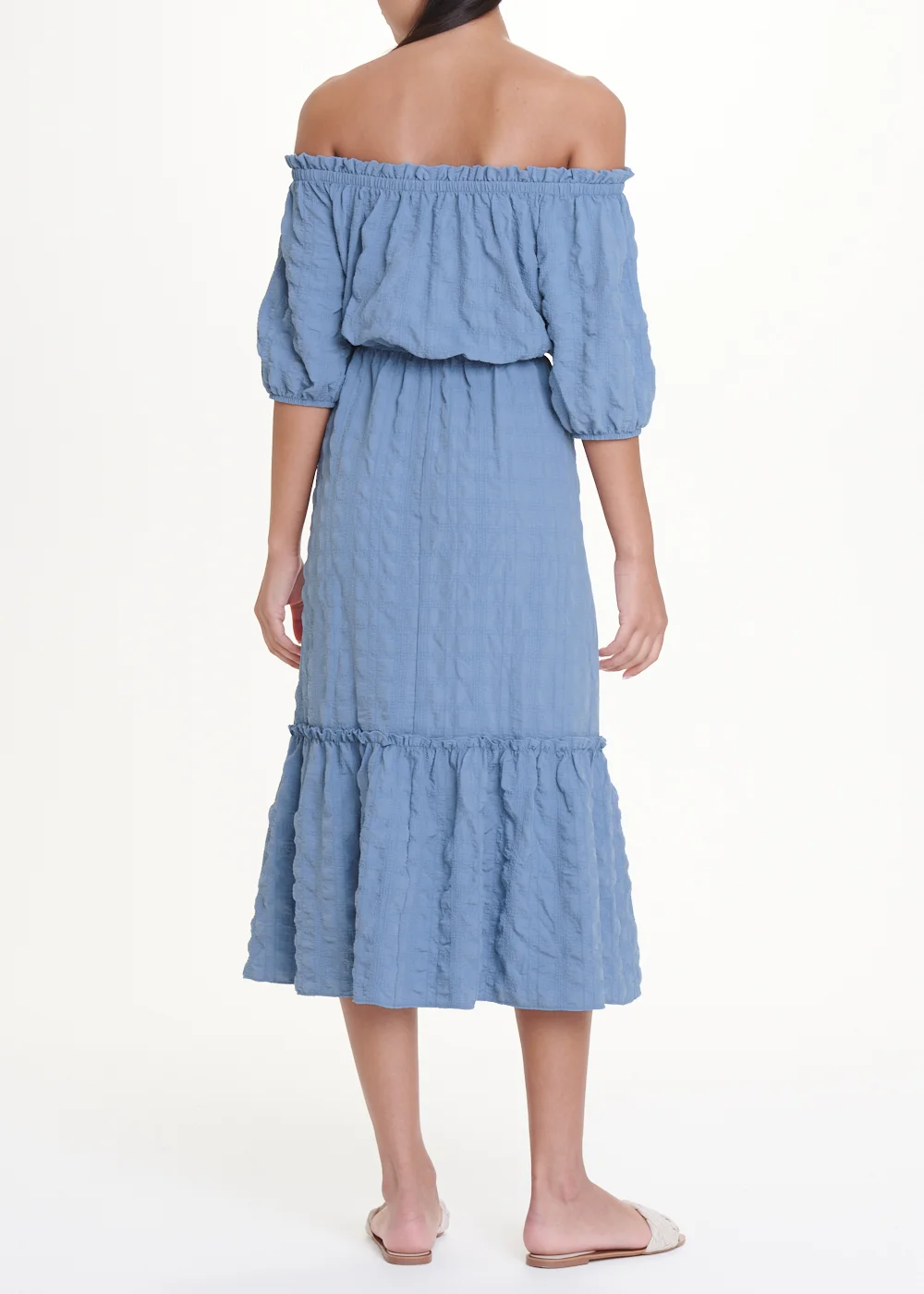Blue Seersucker Bardot Midi Dress - 8 Image 3