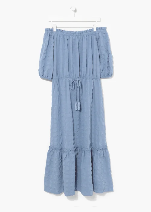 Blue Seersucker Bardot Midi Dress - 8 Image 2