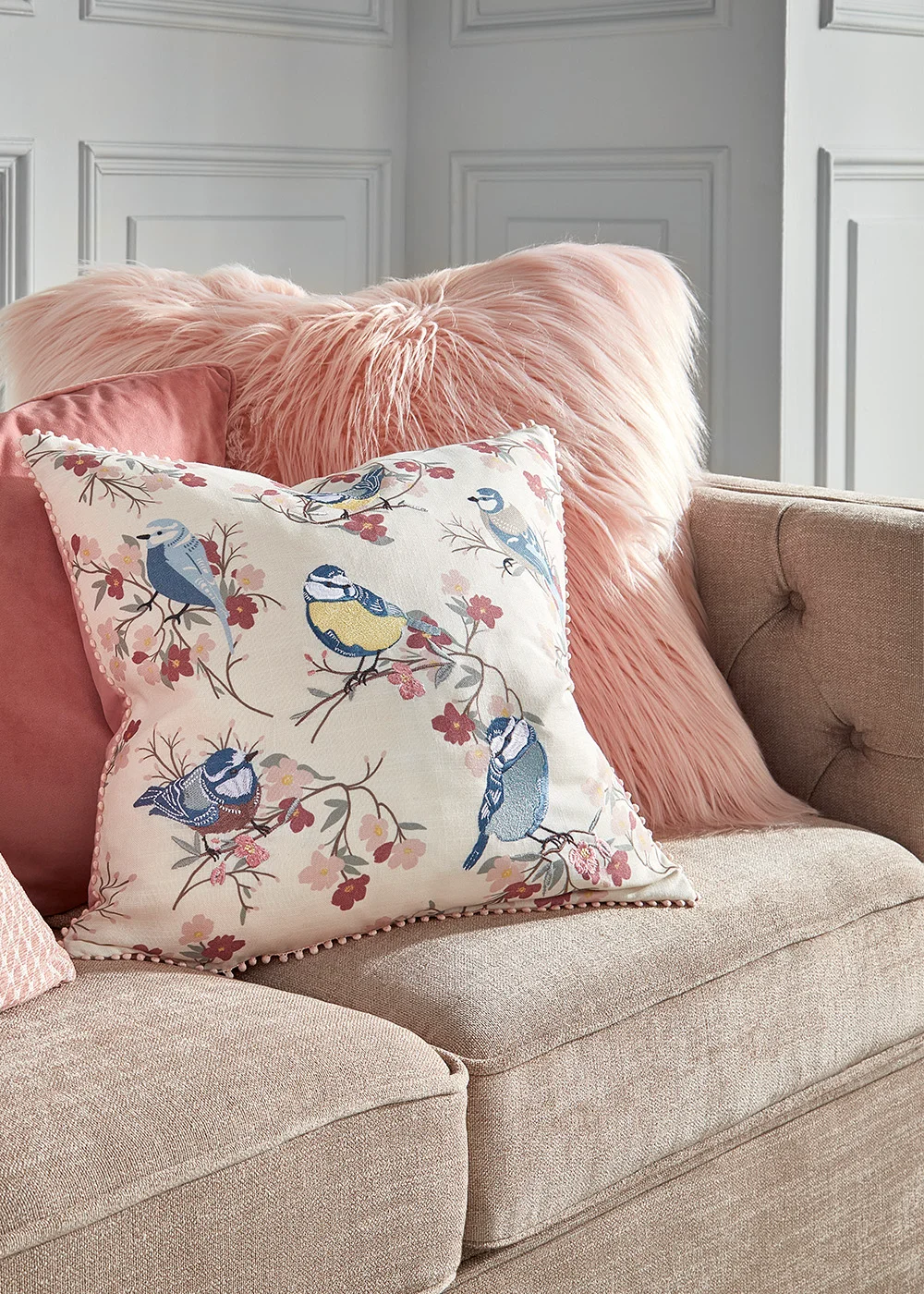 Pink Embroidered Birds Cushion (46cm x 46cm) Image 3
