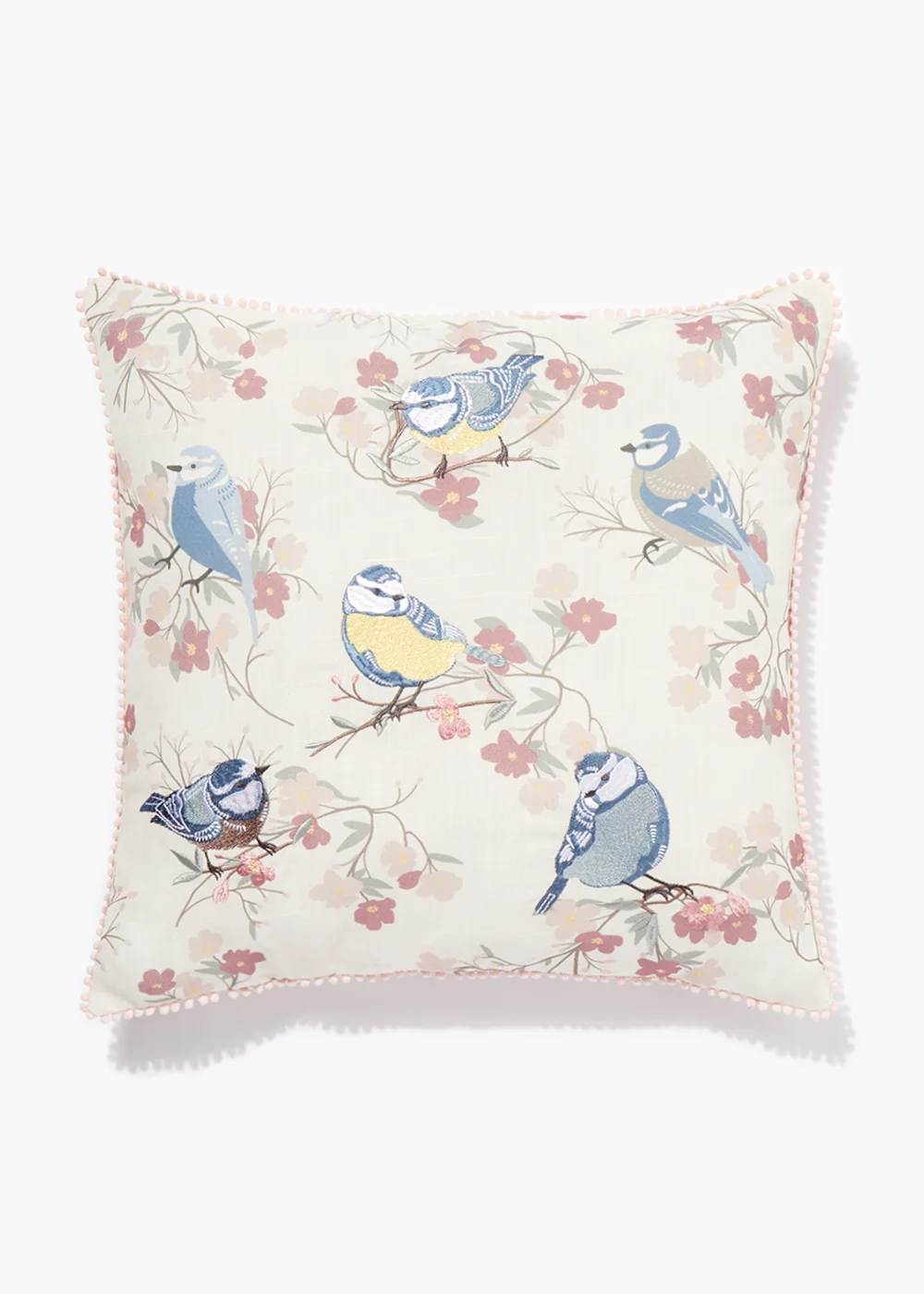 Pink Embroidered Birds Cushion (46cm x 46cm) Image 1