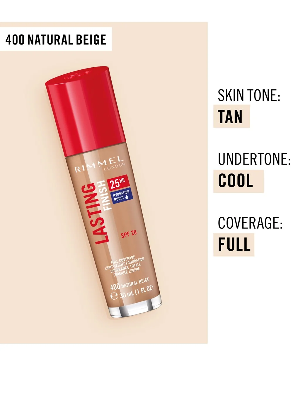 Rimmel London Lasting Finish 25Hr Foundation SPF20 - 400 Natural Beige (50ml) Image 3