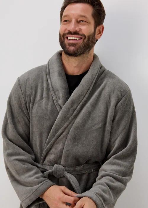 Grey Fleece Dressing Gown - Small Image 3