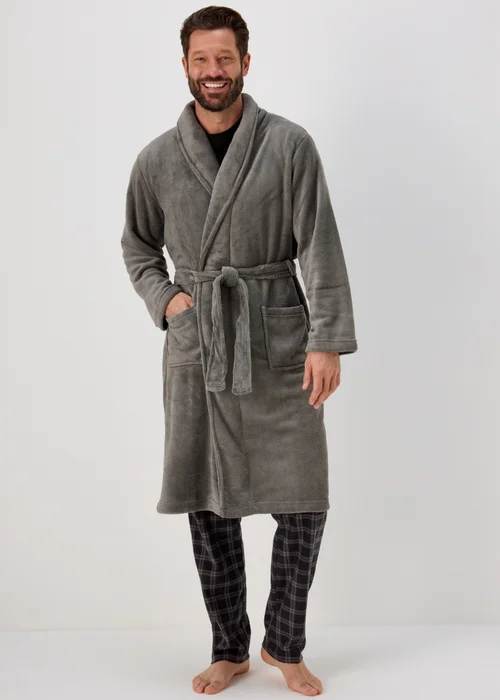 Grey Fleece Dressing Gown - Small Image 1