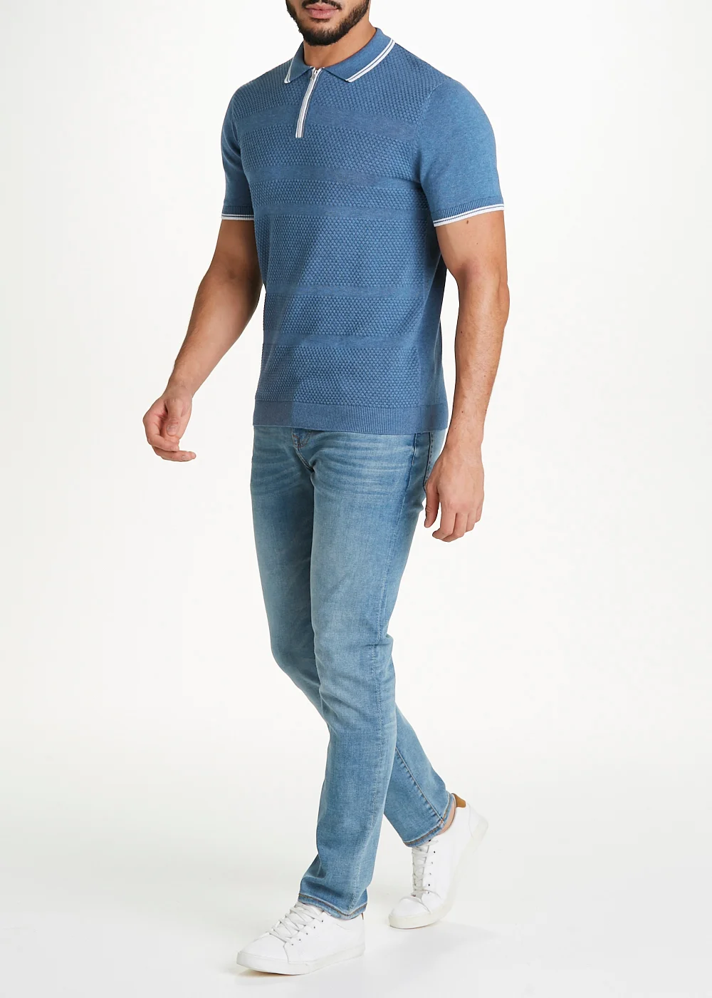 Blue Stripe Knit Polo Shirt - S Image 2