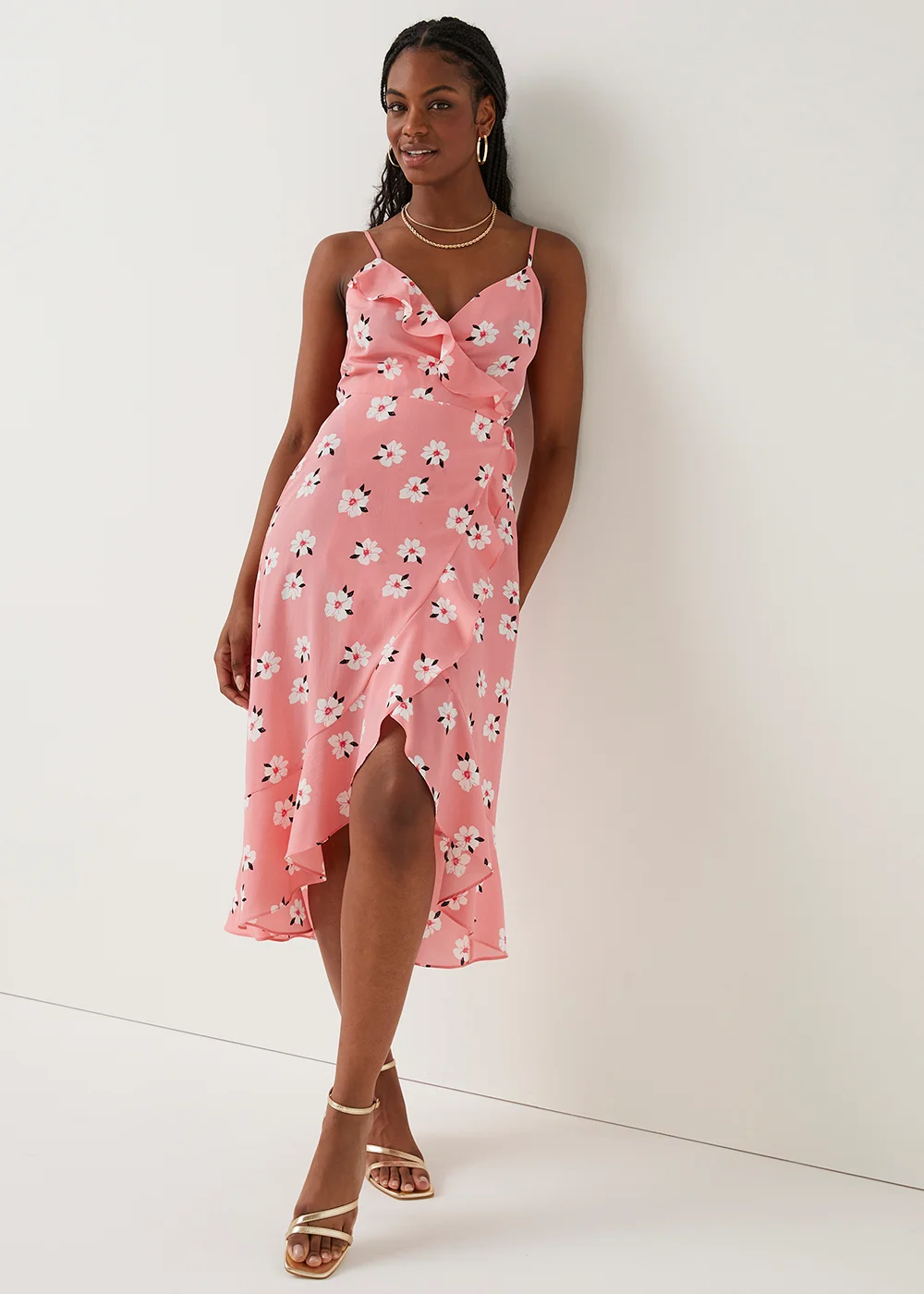 Be Beau Pink Floral Mock Wrap Midi Dress - 6 Image 1