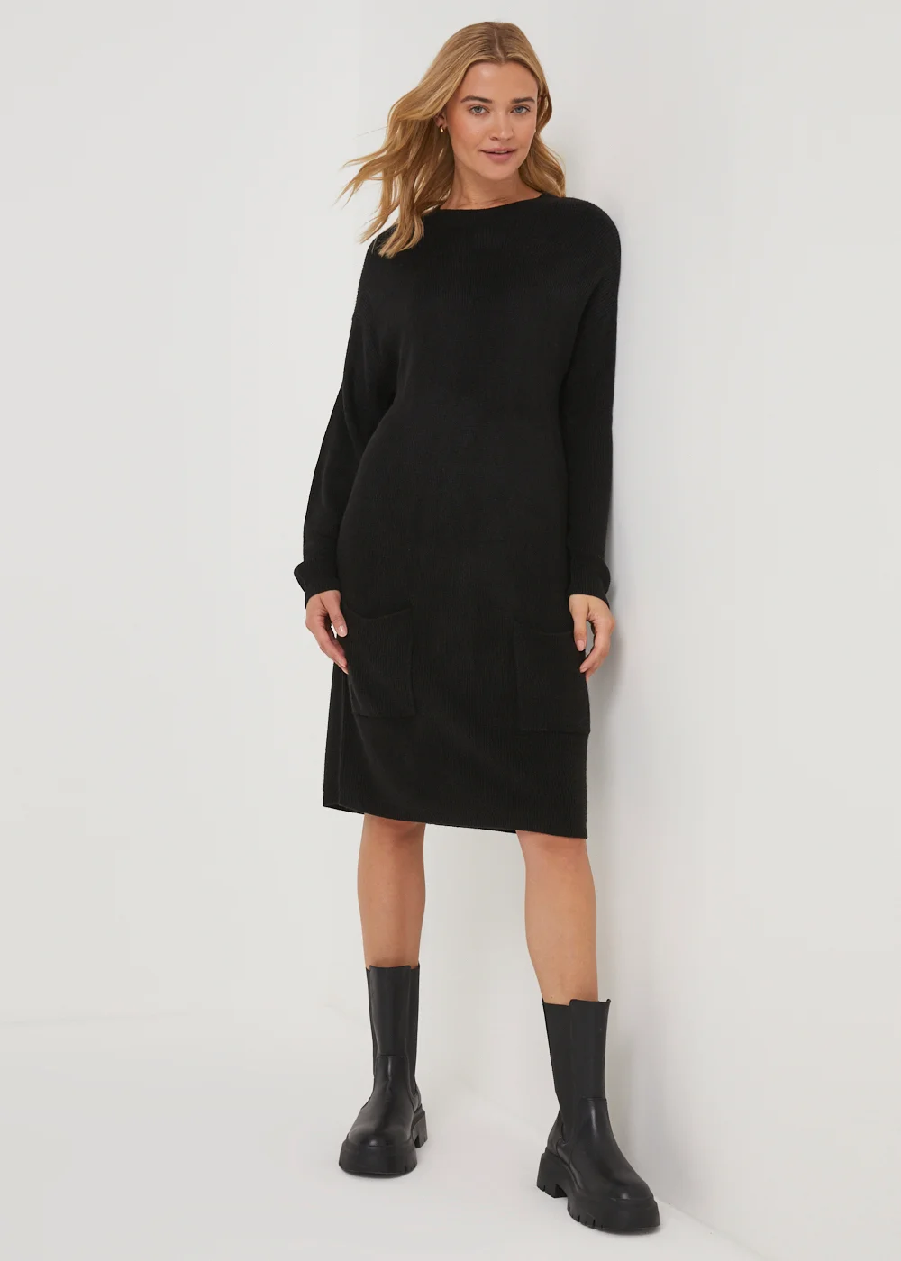 black long tunic dress Black Tunic Flare Dress with Velvet Trim Black / L / H22103