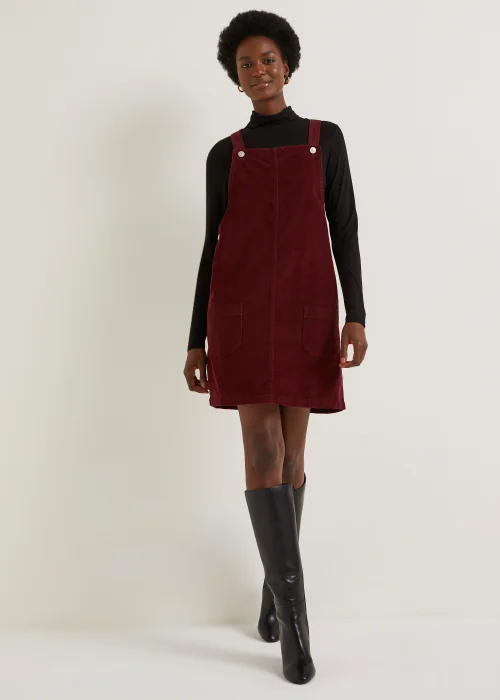 burgundy cord pinafore dress DTT Plus Dawn cord pinafore dress with zip back in burgundy
