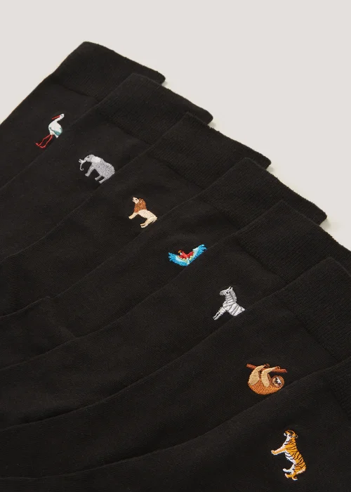 7 Pack Black Embroidered Animal Socks - 6-8.5 Image 2