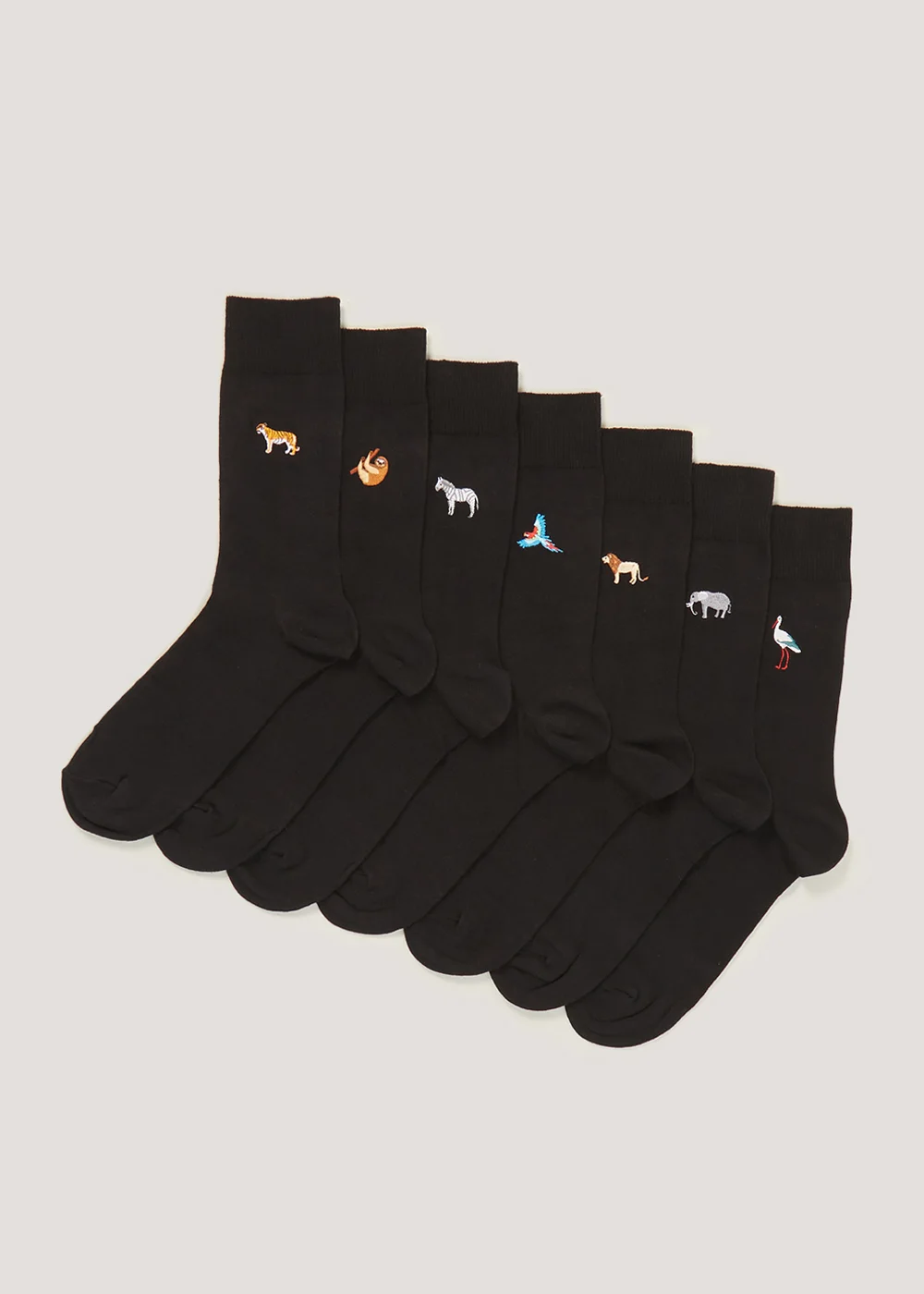 7 Pack Black Embroidered Animal Socks - 6-8.5 Image 1