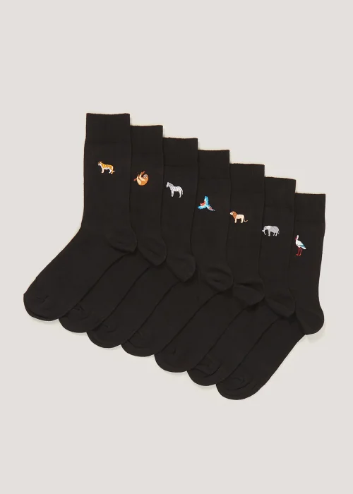 7 Pack Black Embroidered Animal Socks - 6-8.5 Image 1