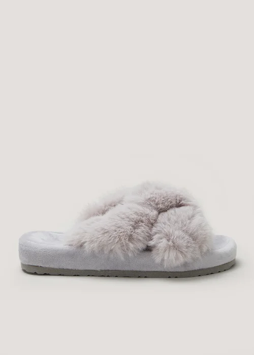 Grey Faux Fur Knot Footbed Slippers - Small Image 1