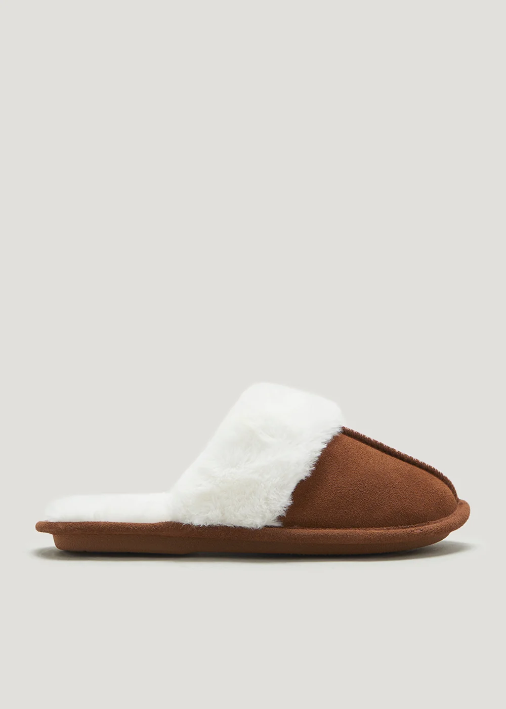 Tan Suede Faux Fur Trim Mule Slippers - Small Image 1