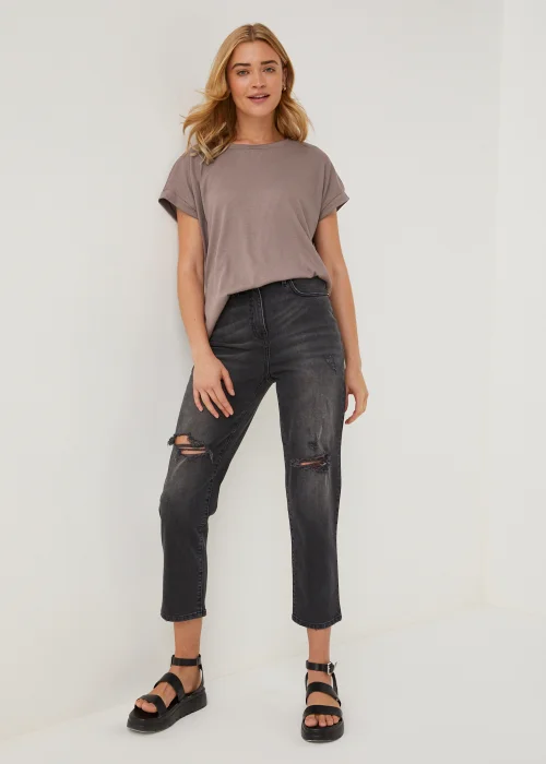 Brown Ribbed Longline T-Shirt - Small Image 3