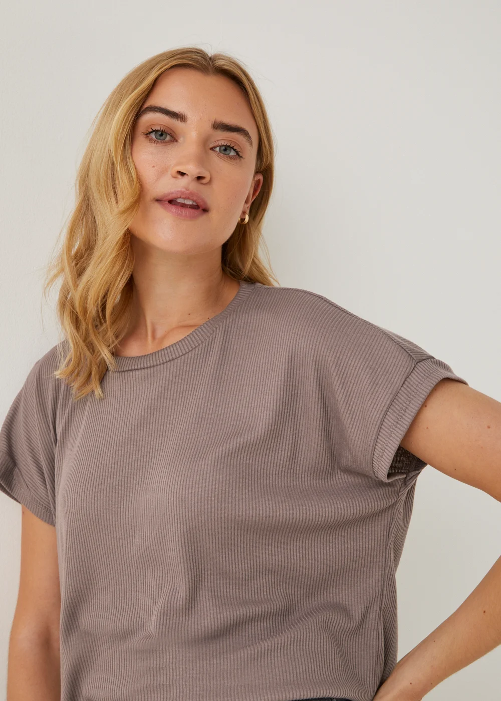 Brown Ribbed Longline T-Shirt - Small Image 4