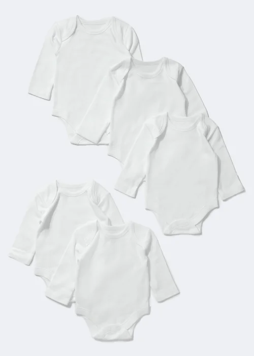 Baby 5 Pack White Long Sleeve Bodysuits (Tiny Baby-36mths) - First Size Image 1