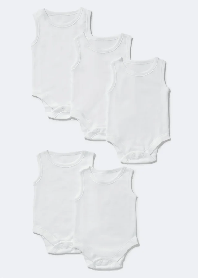 Baby 5 Pack White Sleeveless Bodysuits (0-36mths)