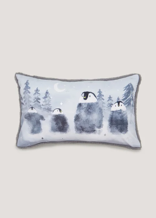 Grey Penguin Faux Fur Cushion (30cm x 50cm) Image 1
