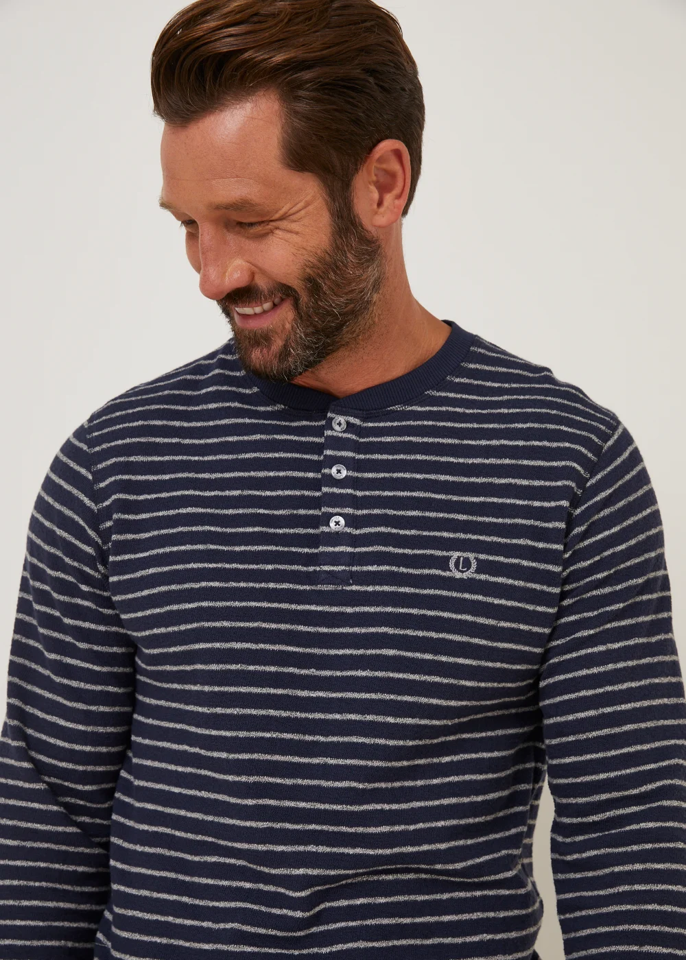 Lincoln Navy Stripe Textured Grandad Collar T-Shirt - S Image 5