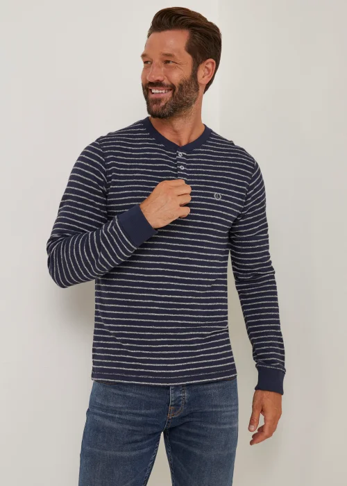 Lincoln Navy Stripe Textured Grandad Collar T-Shirt - S Image 1