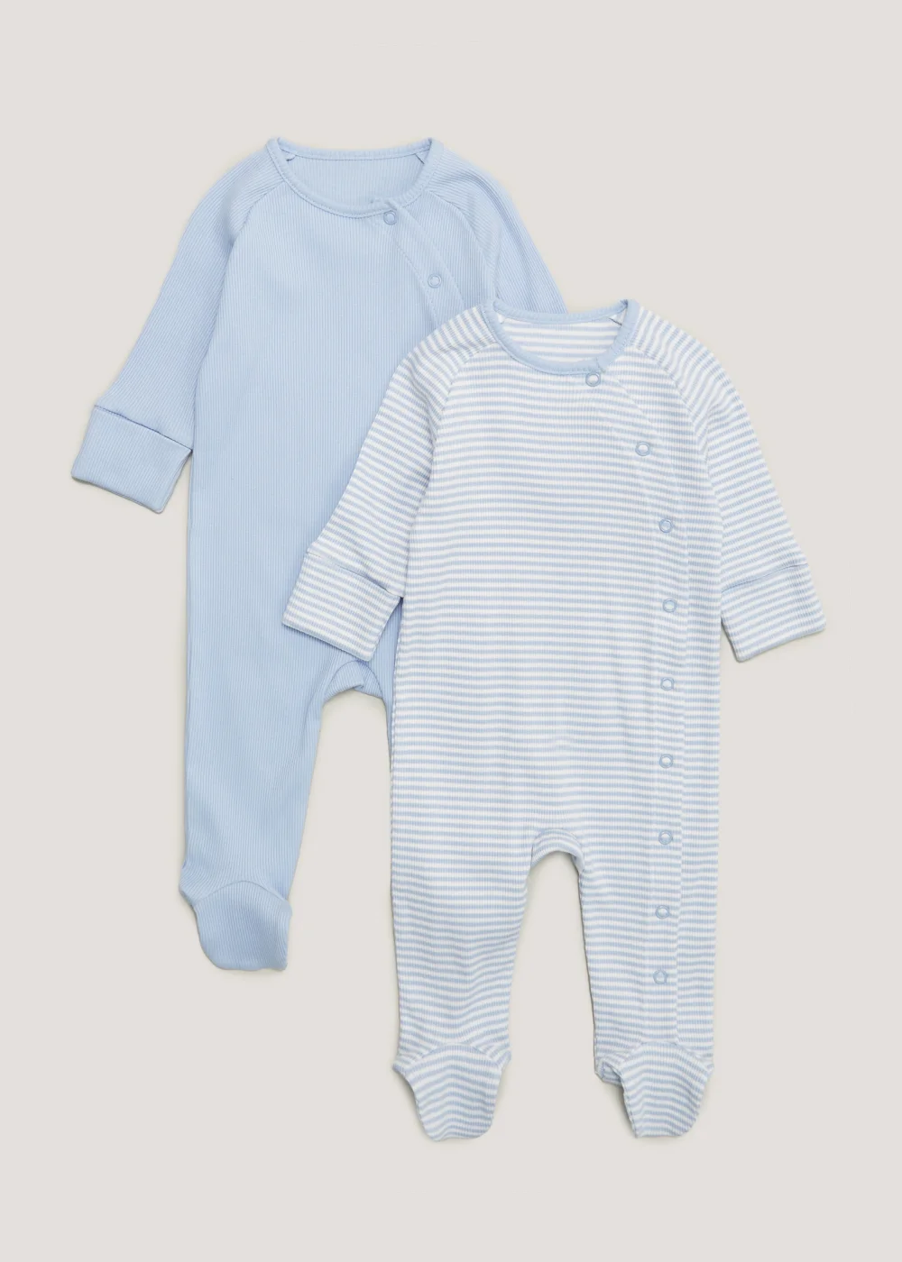 Baby 2 Pack Blue Ribbed Sleepsuits (Newborn-12mths) - 0-3 months Image 1