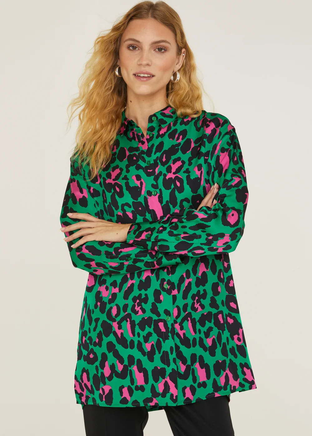 Be Beau Green Leopard Print Satin Shirt - 6 Image 1