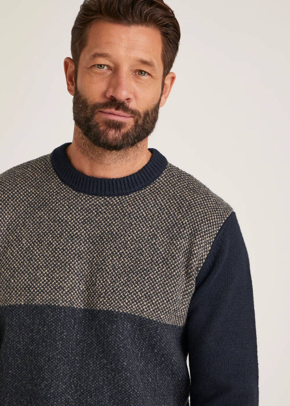 Navy Colour Block Crew Neck Jumper - Small Image 3