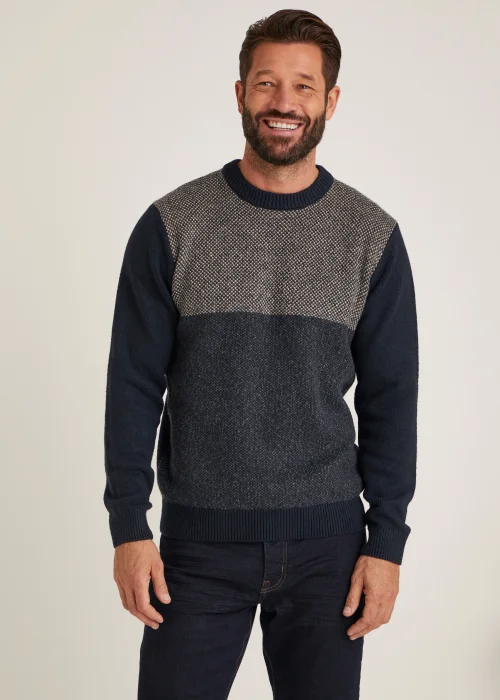 Navy Colour Block Crew Neck Jumper - Small Image 1