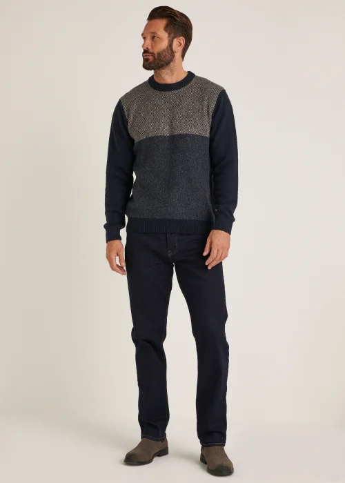 Navy Colour Block Crew Neck Jumper - Small Image 5