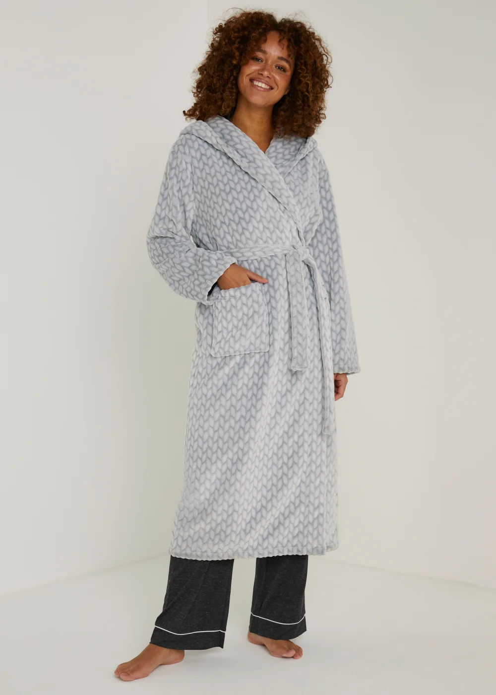 Grey Cable Longline Hooded Dressing Gown - Extra small Image 1