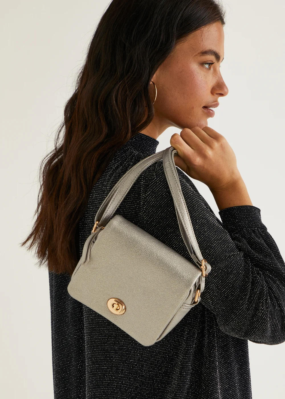 Silver Mini Lock Crossbody Bag - One Size Image 2