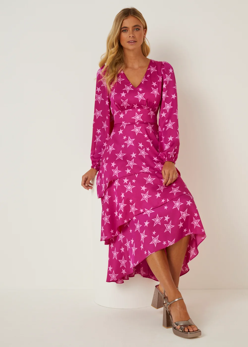 Be Beau Pink Star Print Tiered Midaxi Dress - Size 6 Image 3