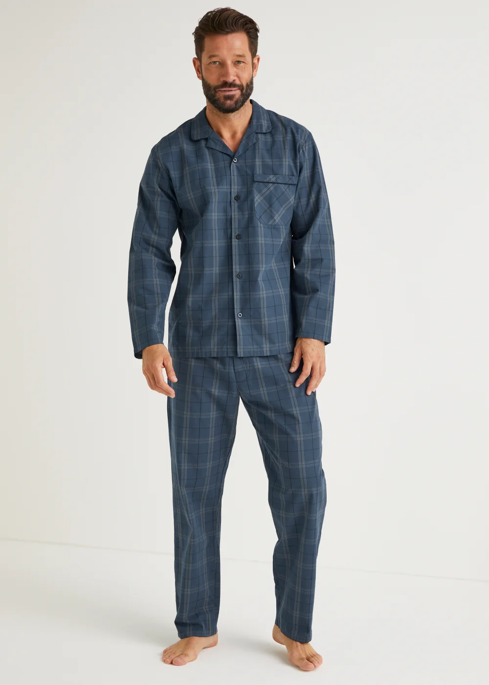 Navy Check Woven Button Up Pyjama Set - Small Image 1