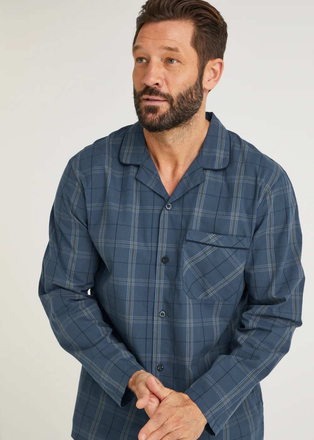 Navy Check Woven Button Up Pyjama Set - Small Image 3
