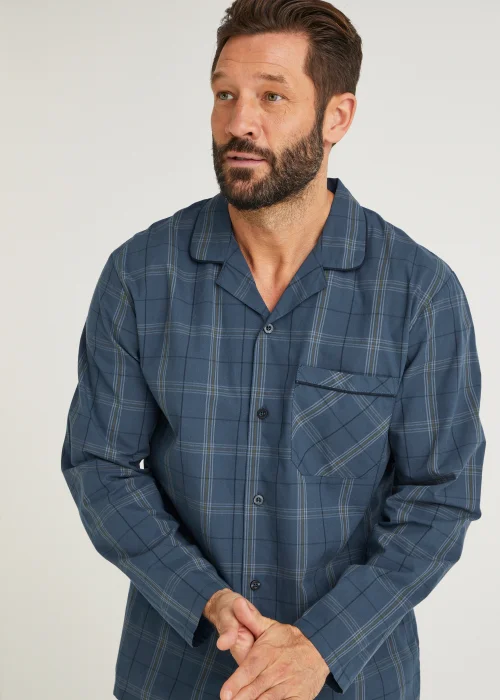 Navy Check Woven Button Up Pyjama Set - Small Image 3