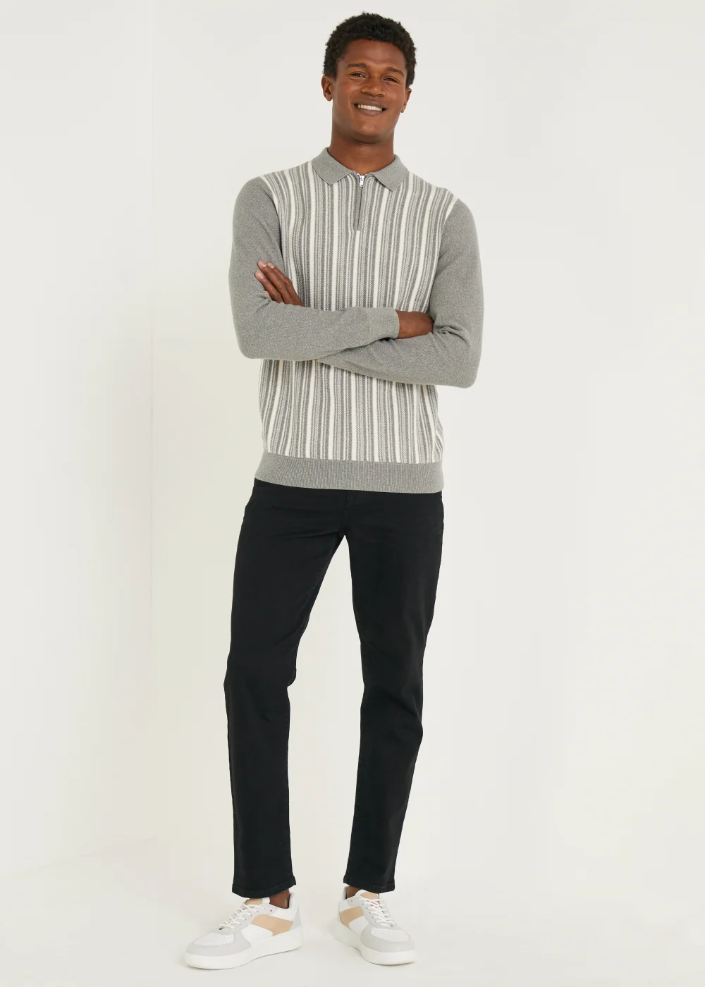 Grey & White Stripe Long Sleeve Polo Shirt - S Image 2