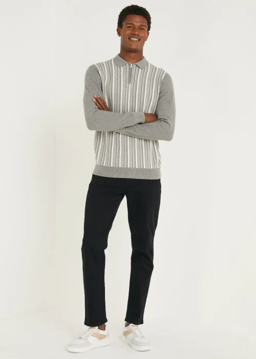 Grey & White Stripe Long Sleeve Polo Shirt - S Image 2