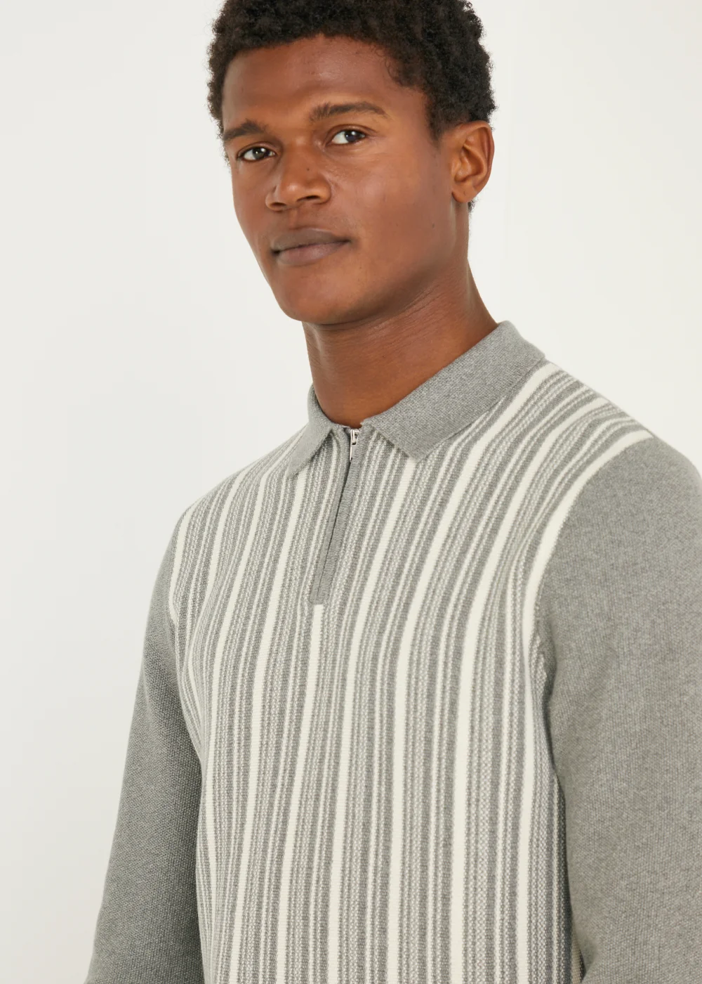 Grey & White Stripe Long Sleeve Polo Shirt - S Image 4