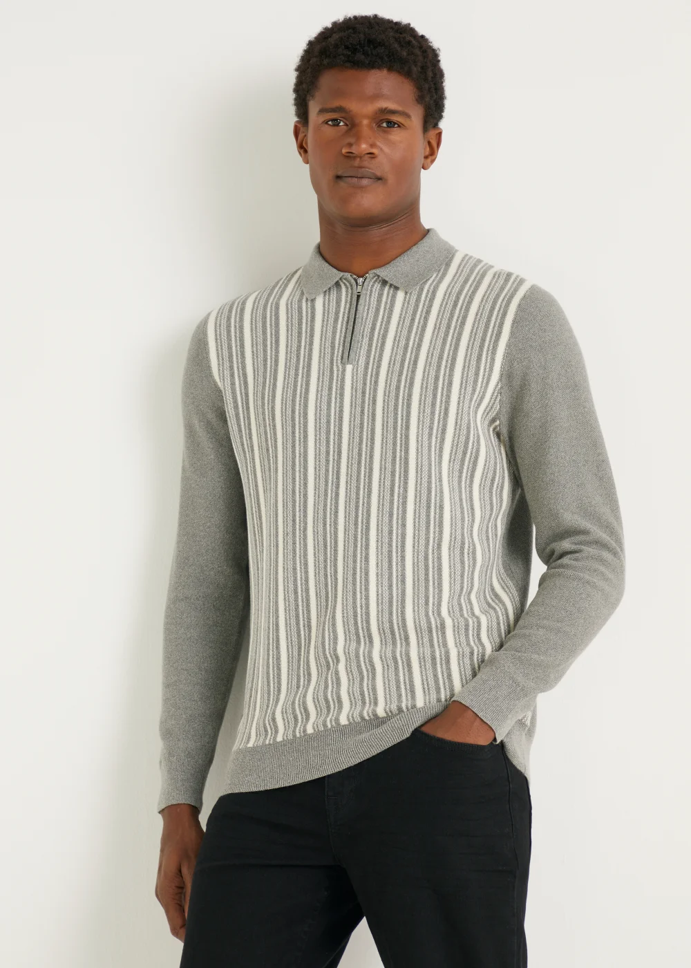Grey & White Stripe Long Sleeve Polo Shirt - S Image 1