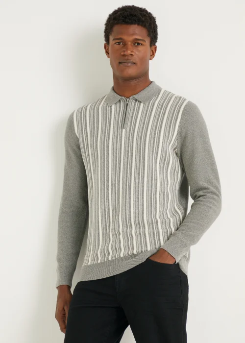 Grey & White Stripe Long Sleeve Polo Shirt - S Image 1