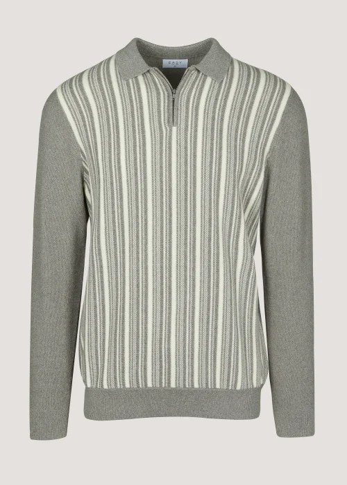 Grey & White Stripe Long Sleeve Polo Shirt - S Image 5