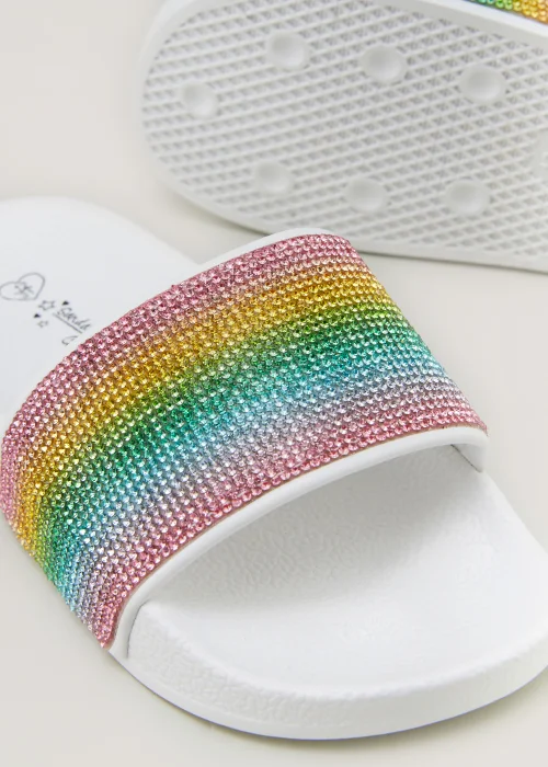 Girls White Rainbow Diamante Sliders (Younger 10-Older 5) - Size 10 Infants Image 2