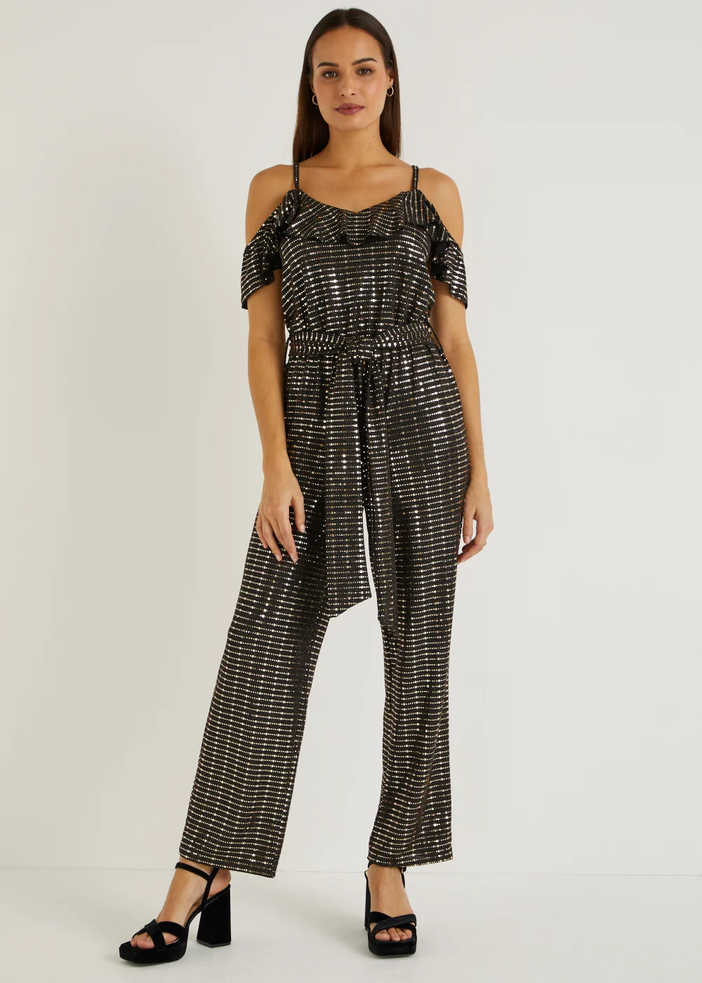 Et Vous Gold Sequin Cold Shoulder Jumpsuit - 8 Image 1