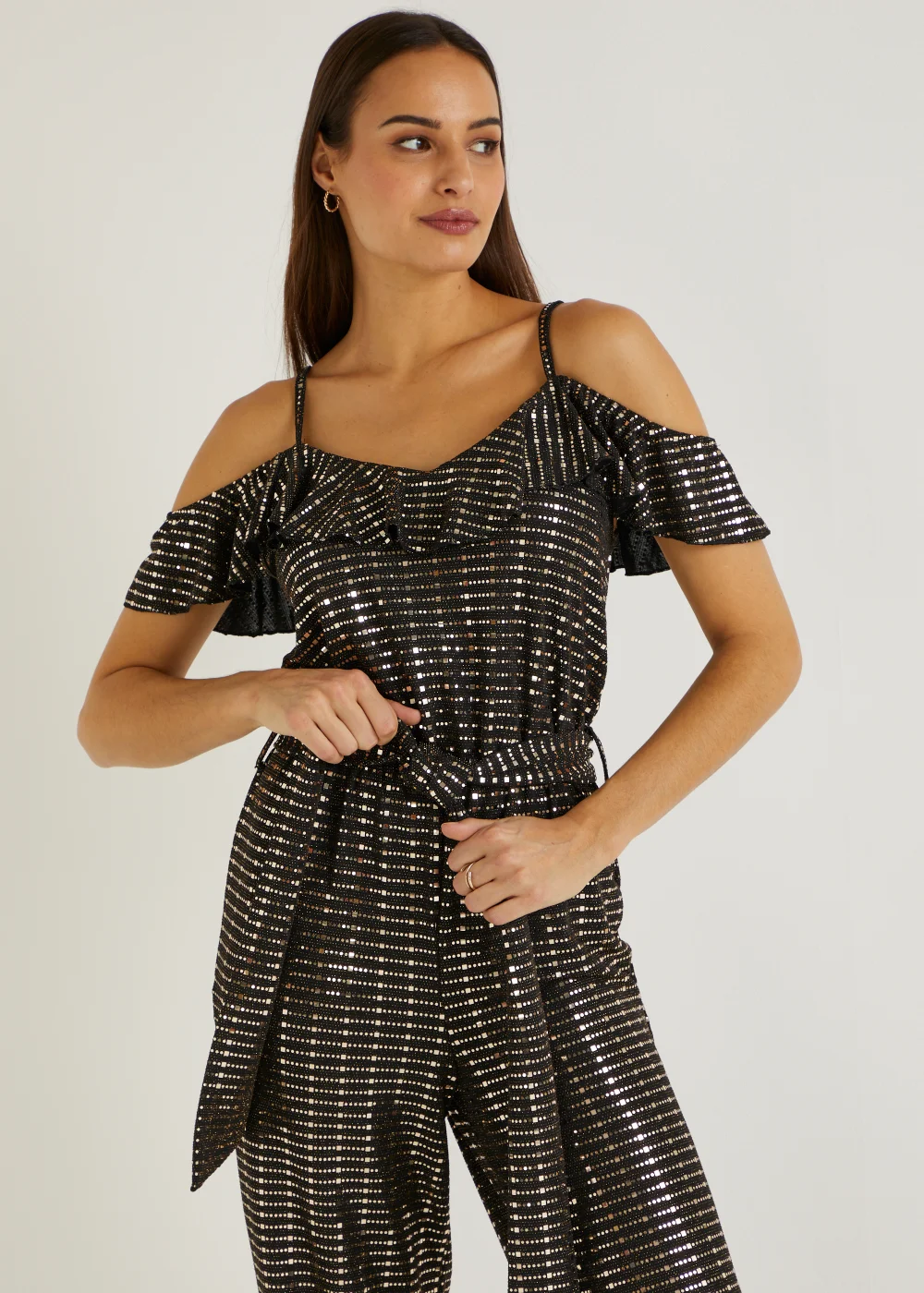 Et Vous Gold Sequin Cold Shoulder Jumpsuit - 8 Image 6