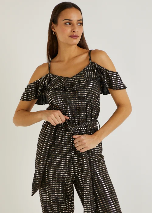 Et Vous Gold Sequin Cold Shoulder Jumpsuit - 8 Image 6