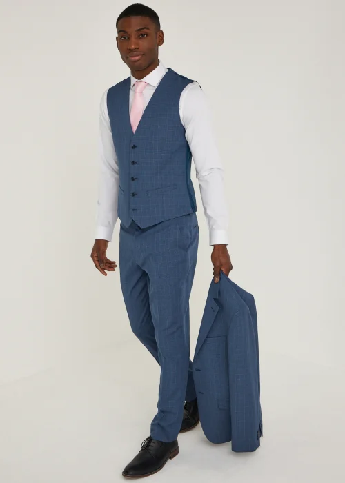 Taylor & Wright Hemsworth Blue Check Slim Fit Suit Waistcoat - Small Image 4