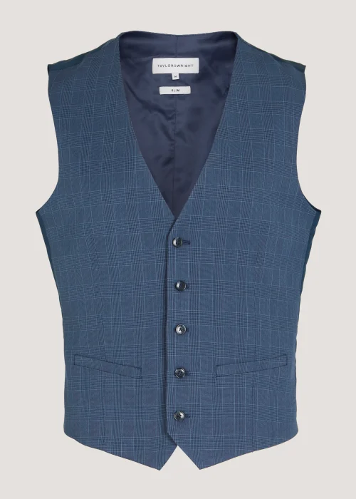 Taylor & Wright Hemsworth Blue Check Slim Fit Suit Waistcoat - Small Image 5